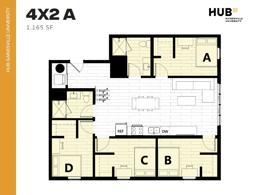 Contemporary 4-bedroom floor plan at HUB Gainesville University, featuring a spacious open living area and modern kitchen within 1,165 square feet.