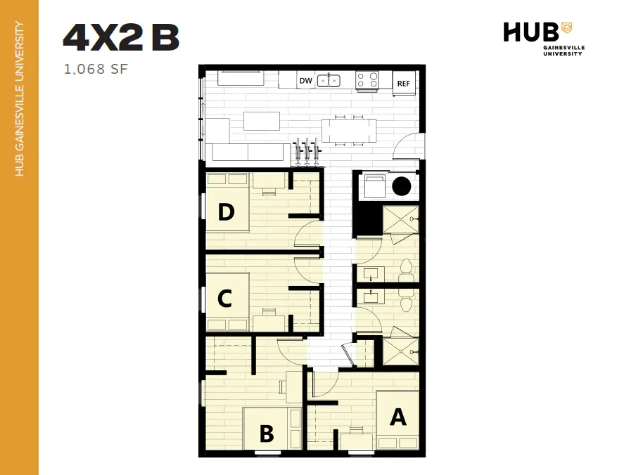 Modern floor plan of a 4-bedroom apartment at Hub Gainesville University, featuring a spacious kitchen and 2 bathrooms in 1,068 sq ft layout.
