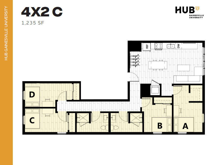 Modern floor plan for HUB Gainesville University, featuring 4 bedrooms, a spacious kitchen, and open living area, covering 1,235 sq ft.