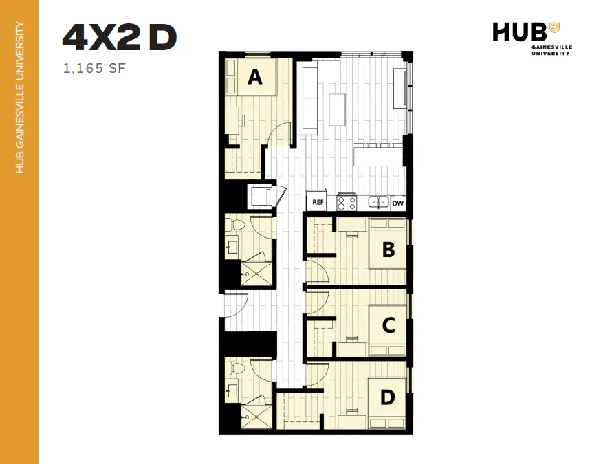 Modern floor plan at HUB Gainesville University featuring 4 bedrooms, open kitchen and living area, 1,165 sq ft of stylish space.
