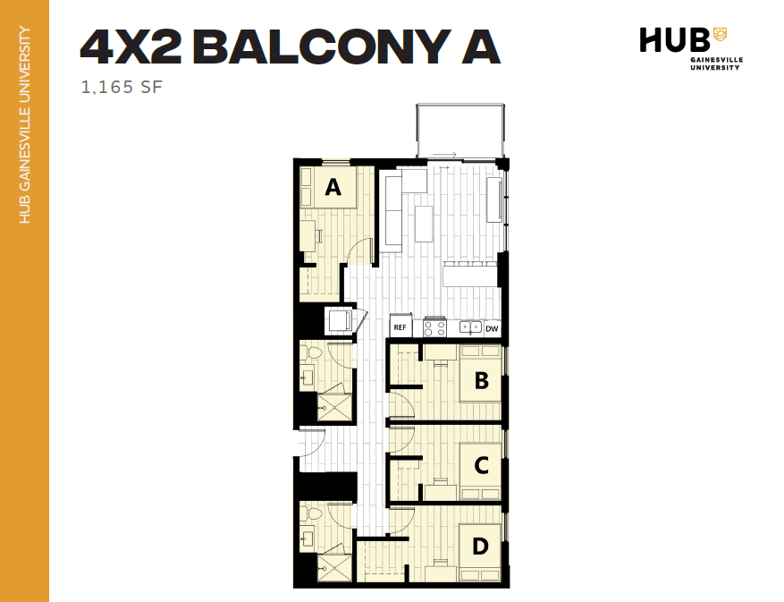 Modern floor plan for a spacious 4-bedroom apartment with balcony, featuring an open living area and two stylish bathrooms at Hub Gainesville University, 1,165 sq ft.