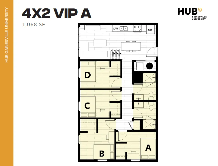 Modern 4x2 VIP A floor plan with four bedrooms and two bathrooms, featuring an open kitchen and living area, 1,068 sq ft at HUB Gainesville University.