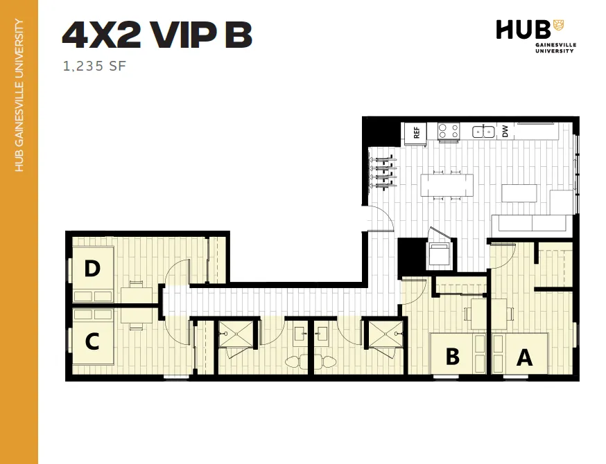 Modern 4-bedroom floor plan featuring spacious living areas, an open kitchen, and ample natural light, ideal for comfortable university living at Hub Gainesville.
