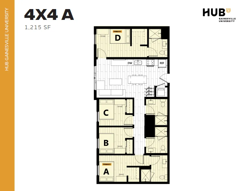 Inviting 4x4 floor plan at HUB Gainesville University showcasing 1,215 square feet with four bedrooms, modern kitchen, and spacious common areas.