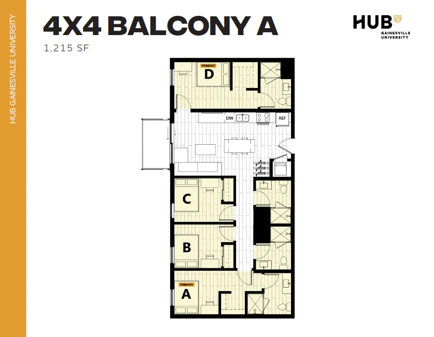 Expansive 4-bedroom apartment floor plan with a private balcony, modern kitchen, and spacious living area, totaling 1,215 sq ft at HUB Gainesville University.