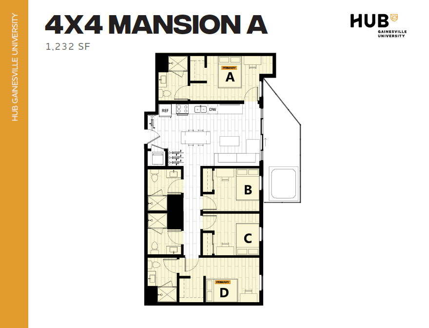 Spacious 4x4 Mansion A floor plan with 4 private bedrooms, each with an ensuite bathroom, a modern kitchen, and an inviting living area, totaling 1,232 sq ft at Hub Gainesville University.