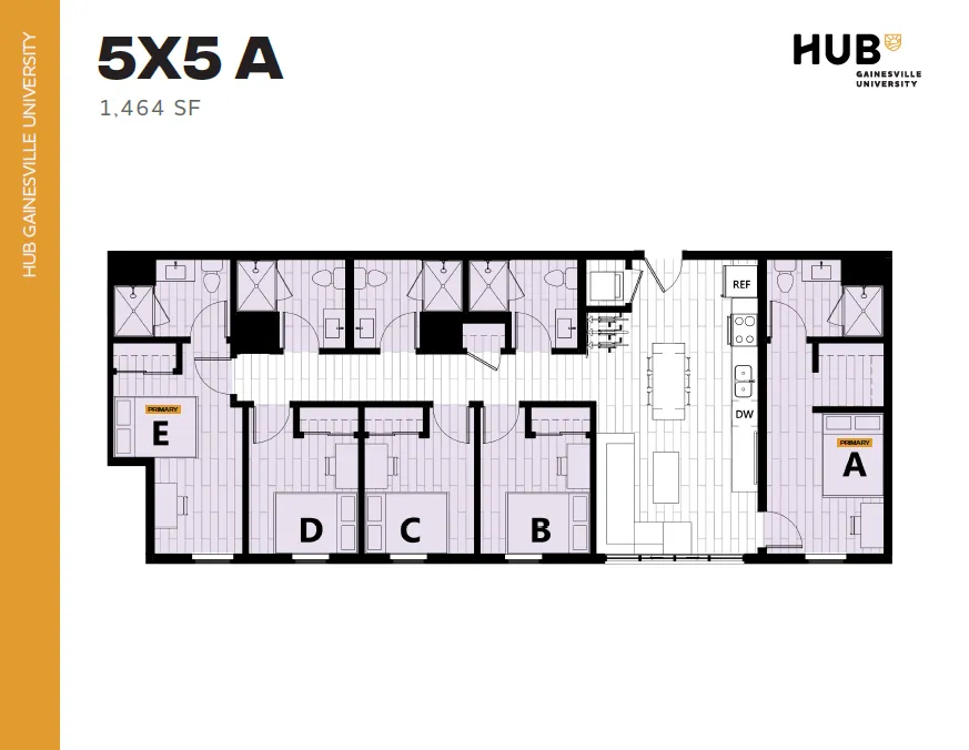Spacious 5-bedroom floor plan for Hub Gainesville University featuring a large open living area and modern kitchen, 1,464 sq ft.