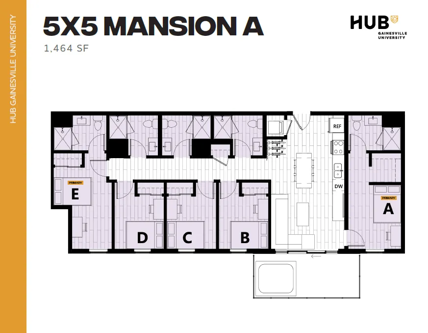 Luxurious 5-bedroom Hub Gainesville floor plan, featuring spacious shared living area and modern kitchen, ideal for a vibrant university lifestyle.