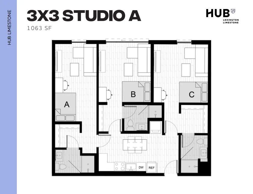 Modern 3x3 Studio A floor plan with 3 bedrooms, shared living space, and sleek kitchen layout at HUB Limestone, 1063 sq ft.