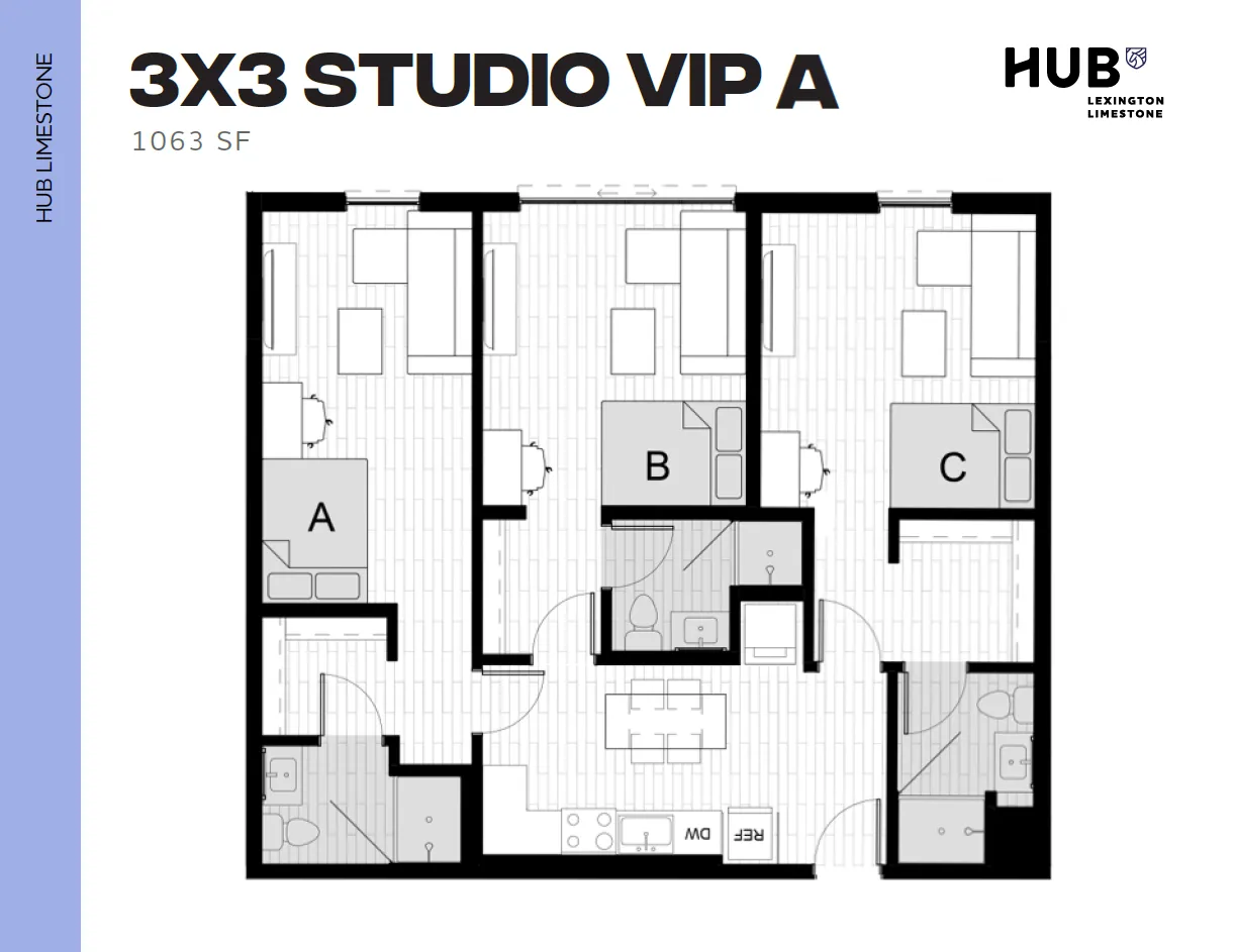 Modern 3x3 studio floor plan at HUB Lexington Limestone offering three private bedrooms, a spacious kitchen, and cozy living area, totaling 1063 sq ft.