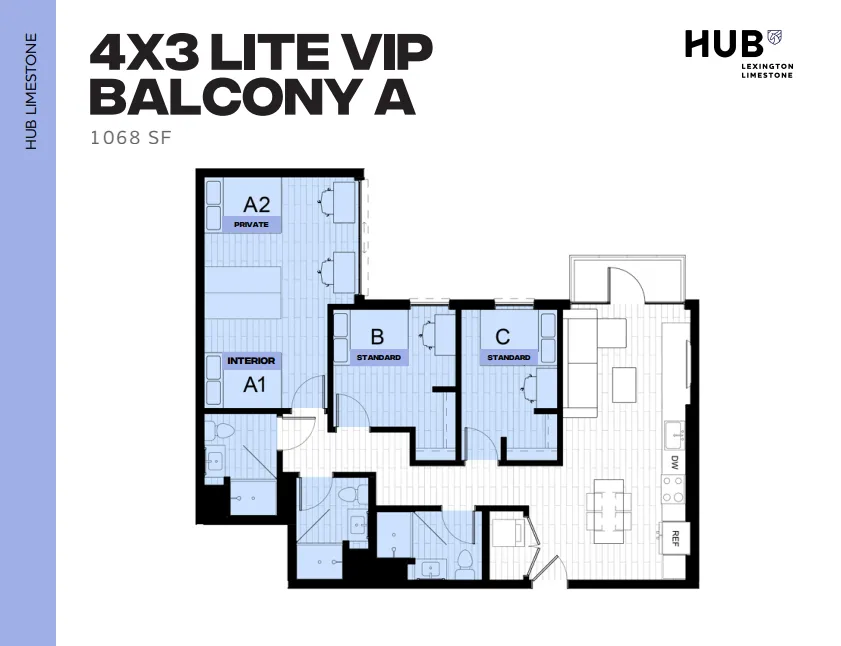 Contemporary 4-bedroom VIP apartment floor plan with expansive balcony, sleek kitchen, and comfortable living space, totaling 1068 sq ft.