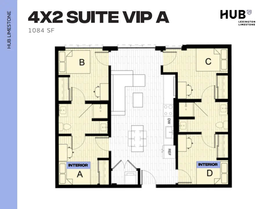 Sophisticated 4x2 suite floor plan with four bedrooms and a modern open kitchen design, spanning 1084 sq ft.