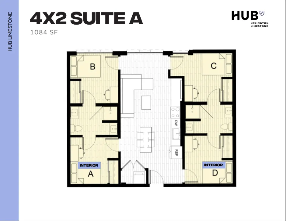 Modern 4X2 Suite A floor plan featuring four bedrooms, expansive living area, and a sleek kitchen within 1084 sq ft at Hub Lexington Limestone.