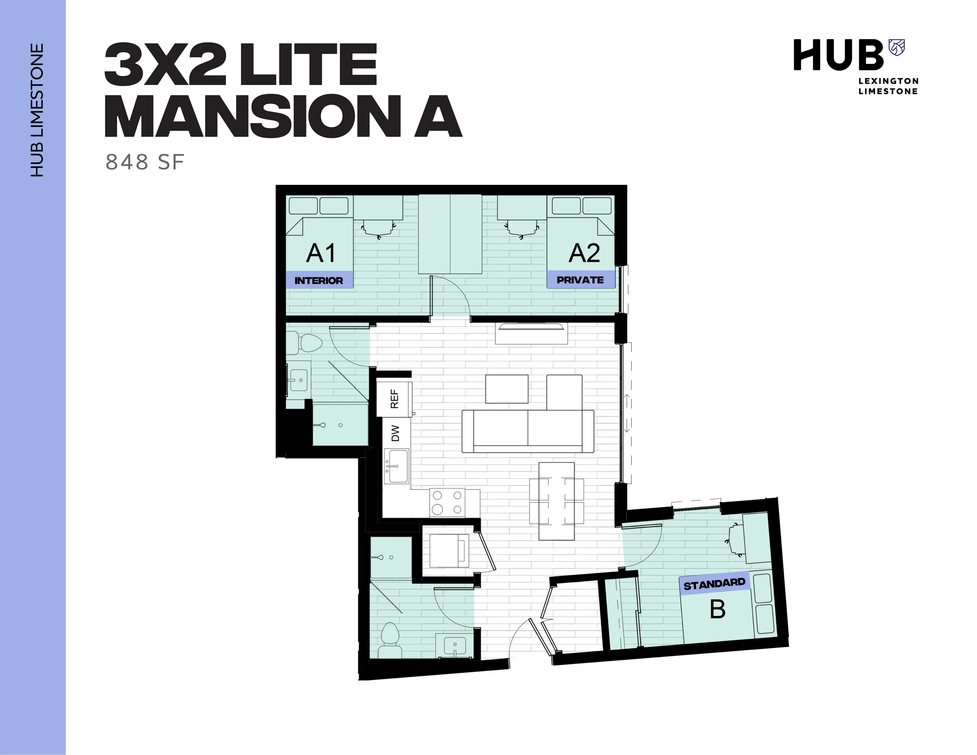 Modern 3x2 Lite Mansion A floor plan featuring 3 bedrooms, open living and dining area, compact kitchen, all within 848 sq ft. Ideal for stylish urban living at HUB Limestone.