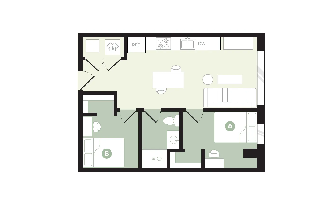 Modern floor plan showcasing 2 bedrooms, spacious open-plan living area, and sleek kitchen design.