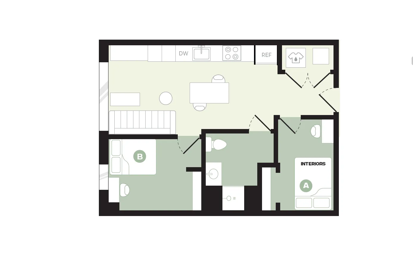 Chic floor plan showcasing two cozy bedrooms, open kitchen with dining area, and a modern bathroom.
