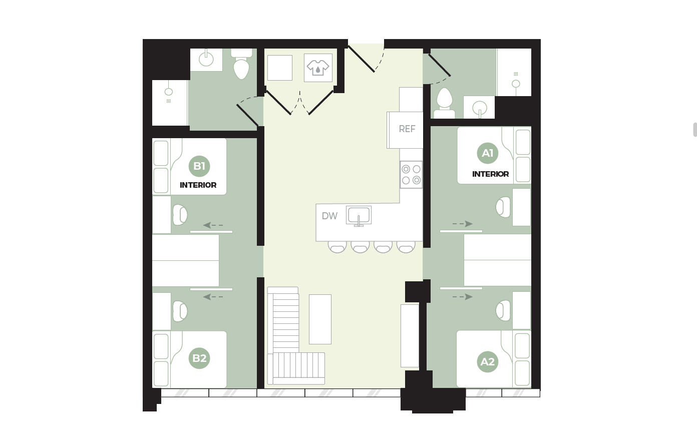 Modern apartment floor plan featuring two bedrooms, a stylish open kitchen with an island, and two full bathrooms.