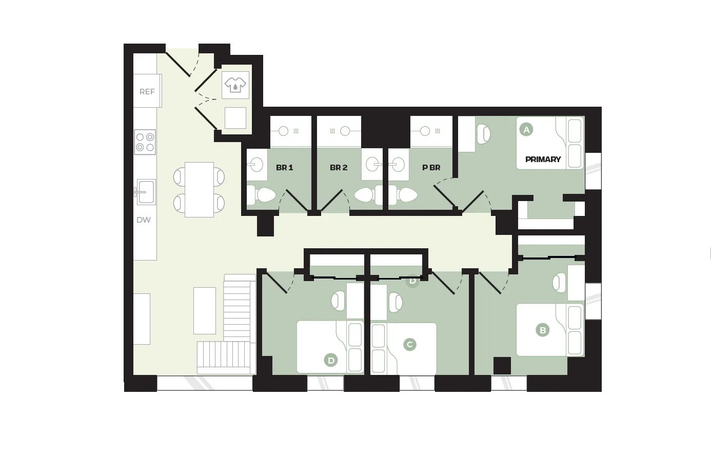 Contemporary floor plan featuring 3 bedrooms including a primary suite, efficient kitchen, open dining area, and three bathrooms.