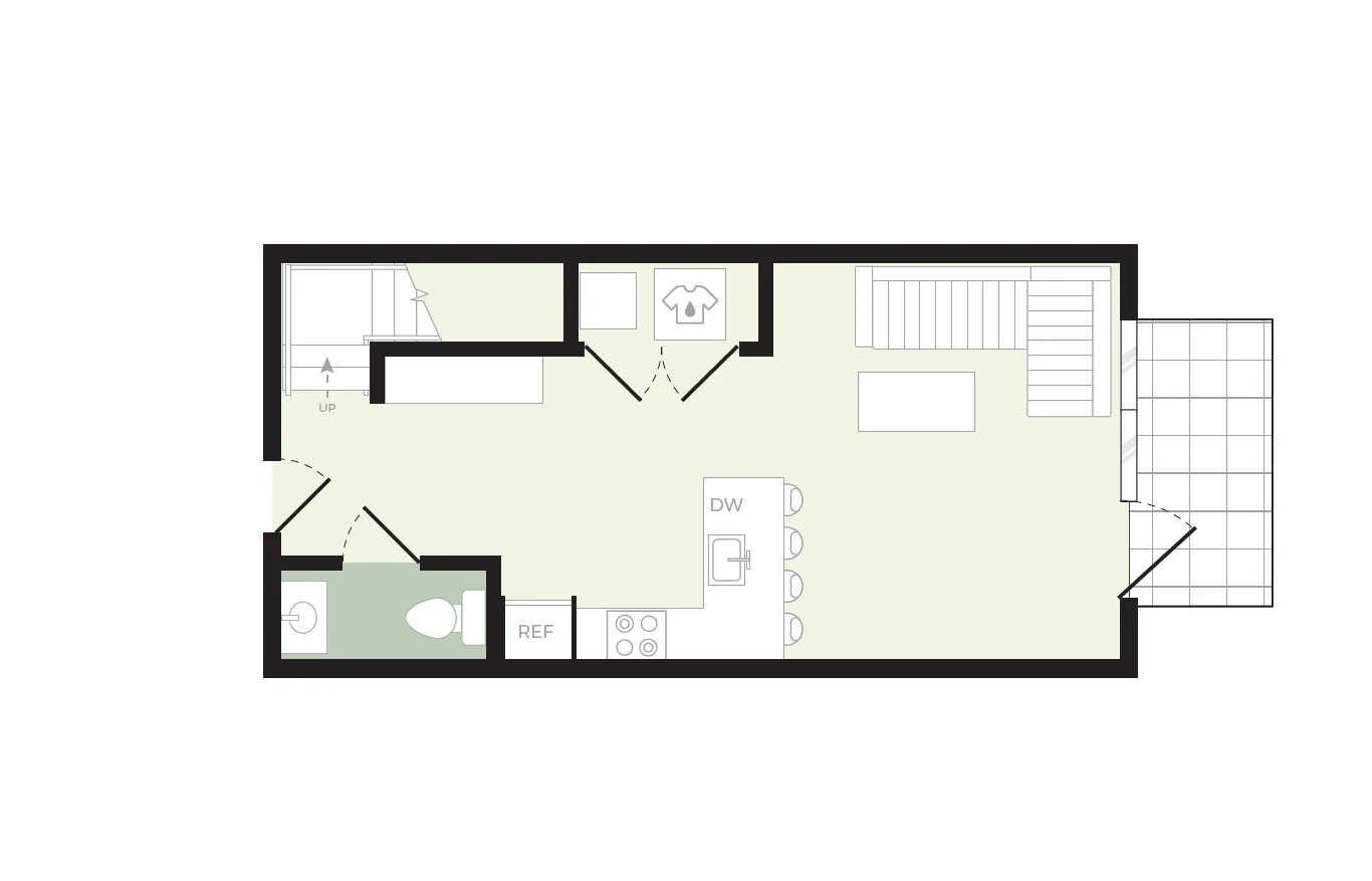Modern open-plan living space with a stylish kitchen, cozy dining area, and spacious living room, ideal for cozy gatherings.