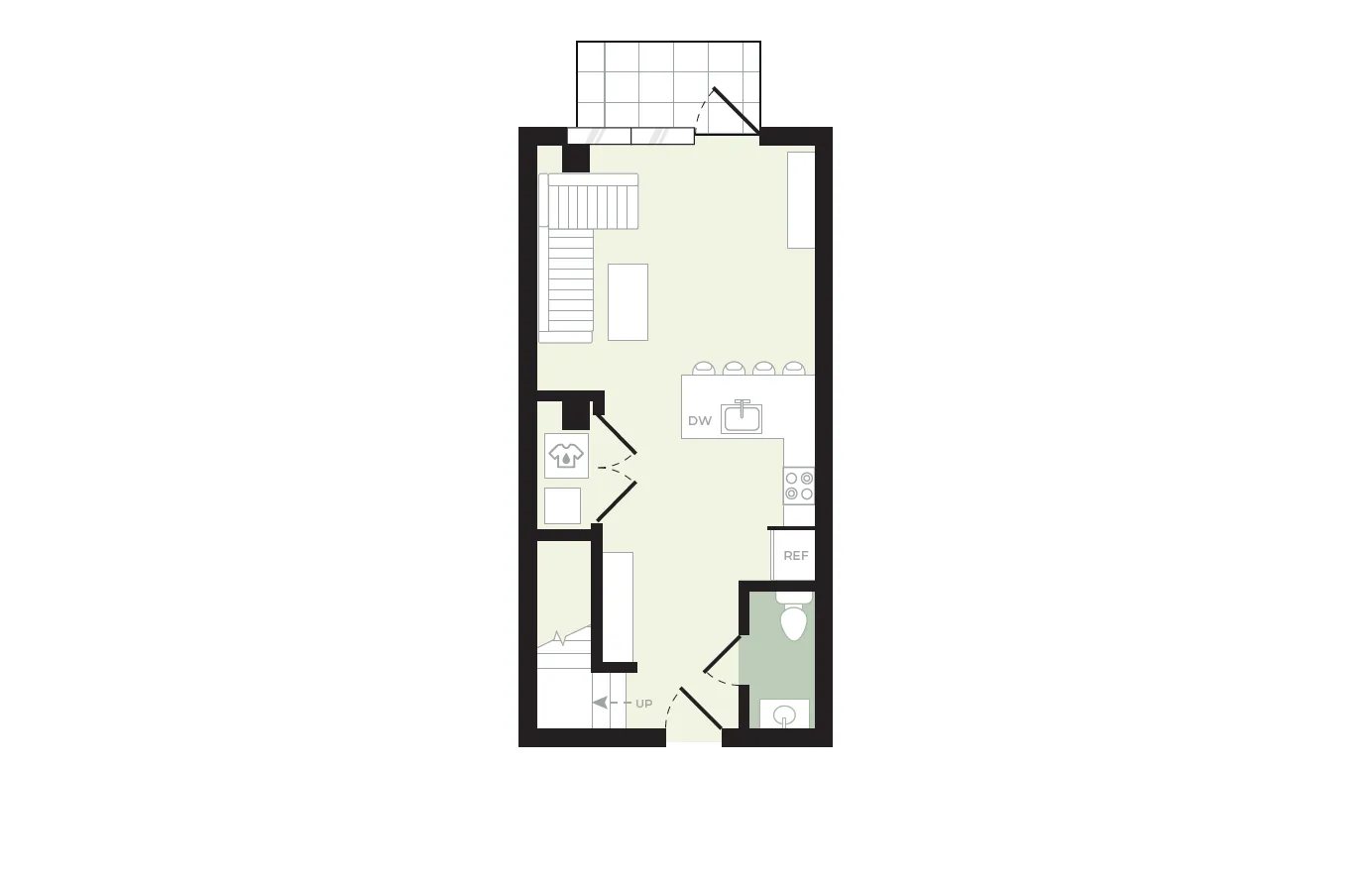 Modern floor plan showcasing open kitchen with island, cozy living area, and convenient bathroom layout.
