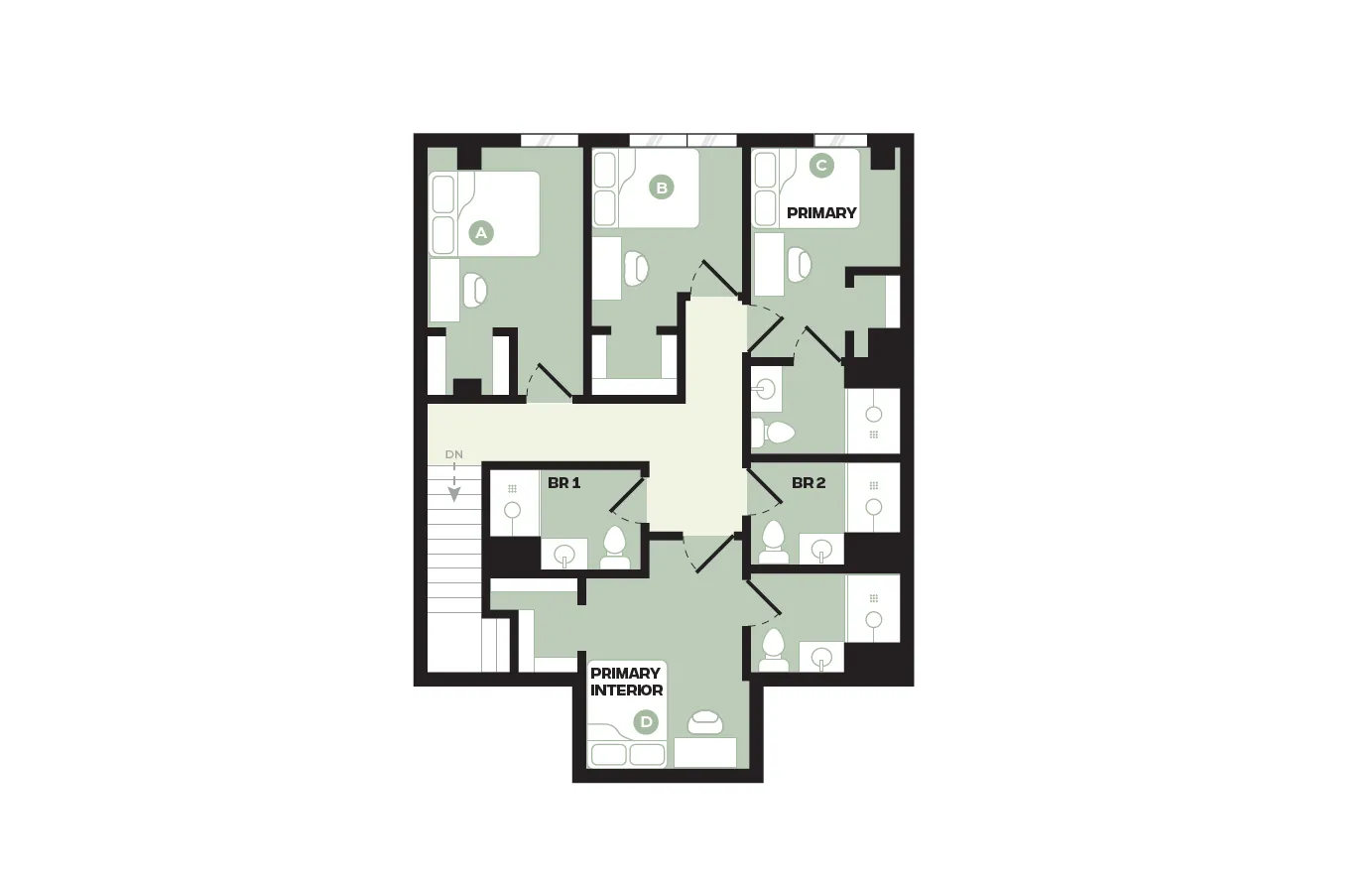 Efficient floor plan highlighting three bedrooms, two labeled primary, with adjoining restrooms and ample entryways.