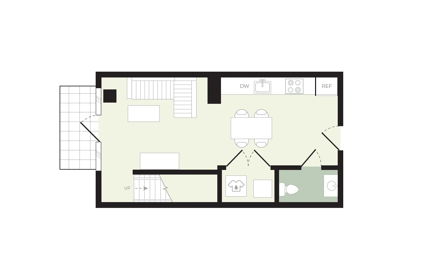 Charming open floor plan showcasing a cozy living room, modern kitchen with dining area, and a compact bathroom layout.