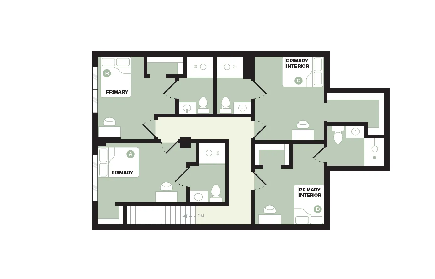 Modern apartment floor plan showcasing four spacious bedrooms, three bathrooms, and an elegant layout perfect for family living.