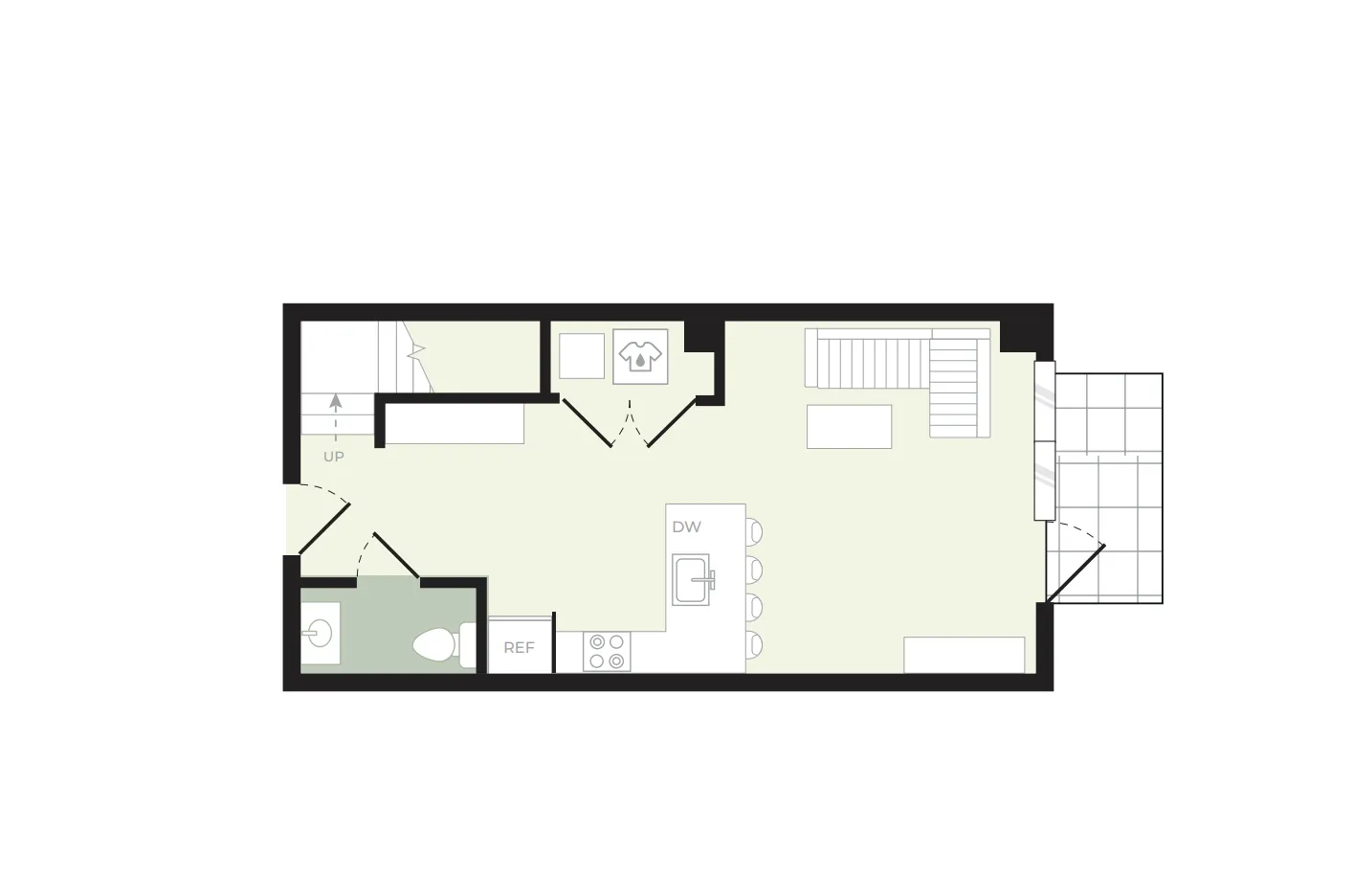 Modern floor plan with a spacious living area, stylish kitchen island with seating, and cozy bedroom upstairs. Includes bathroom and laundry space for convenience.
