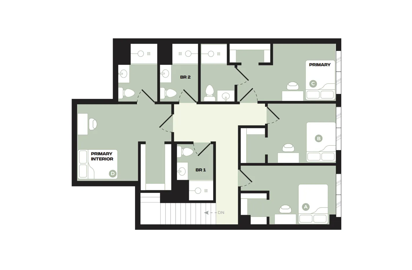 Modern apartment floor plan showcasing a sleek design with three bedrooms, including a primary suite, and multiple bathrooms for comfort and privacy.