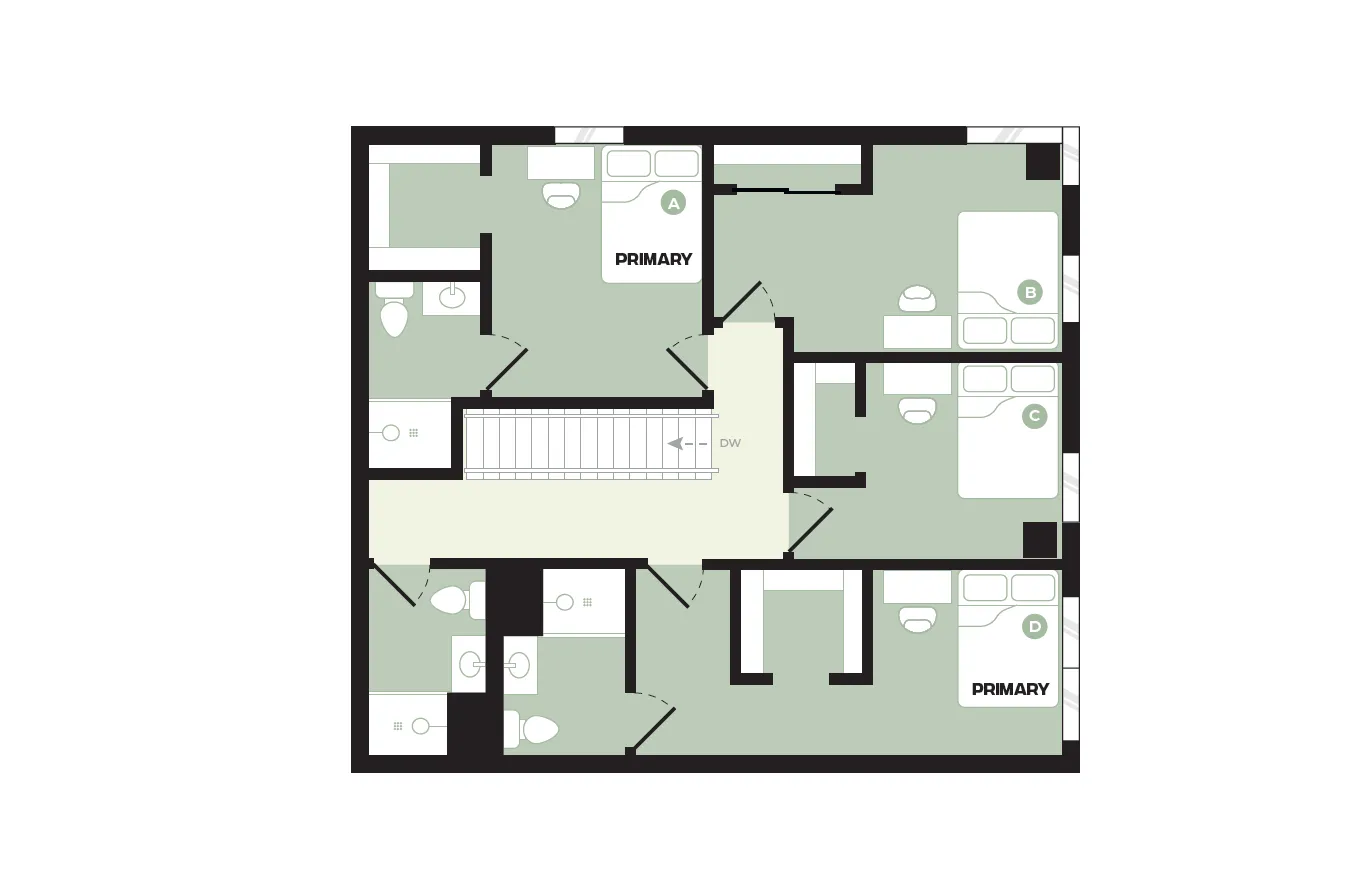 Innovative floor plan highlighting two primary bedrooms, efficient bathrooms, and a thoughtful layout for optimal living.