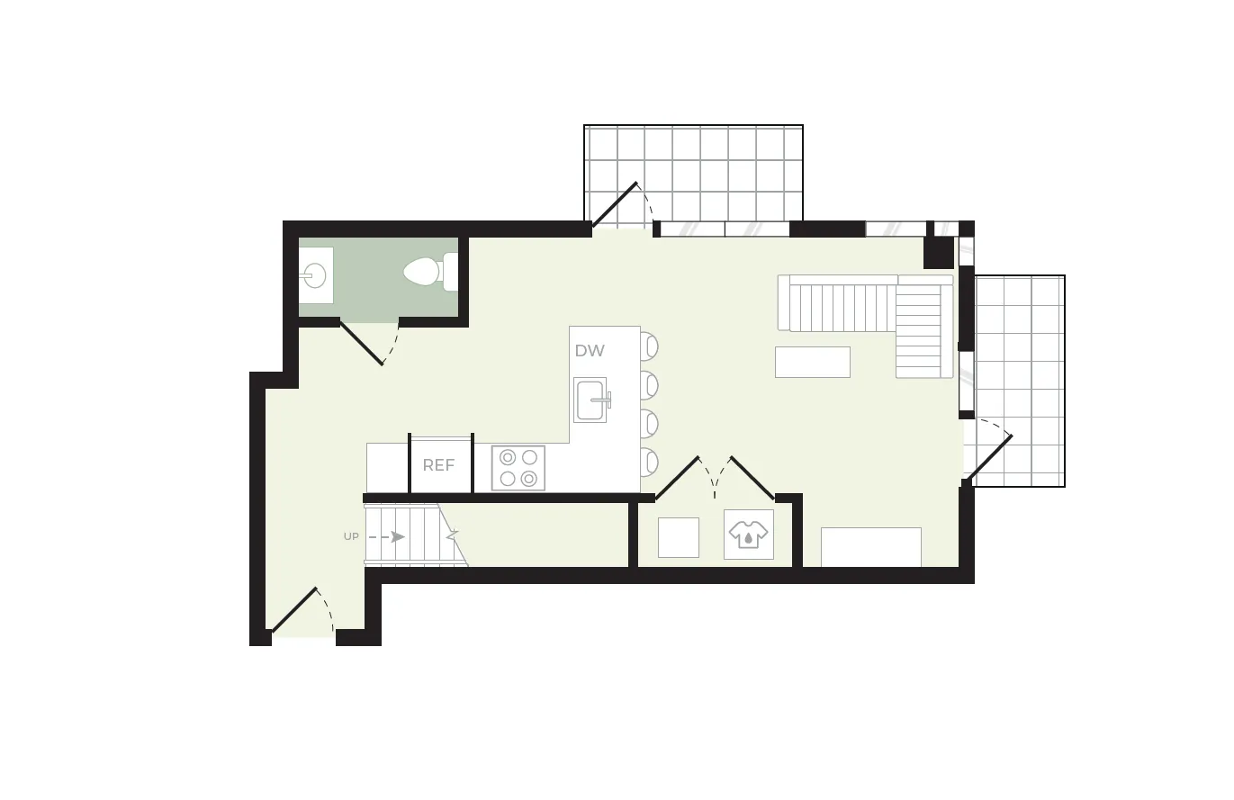 Modern floor plan featuring an open-concept living area, kitchen with island seating, a convenient powder room, and spacious balconies.