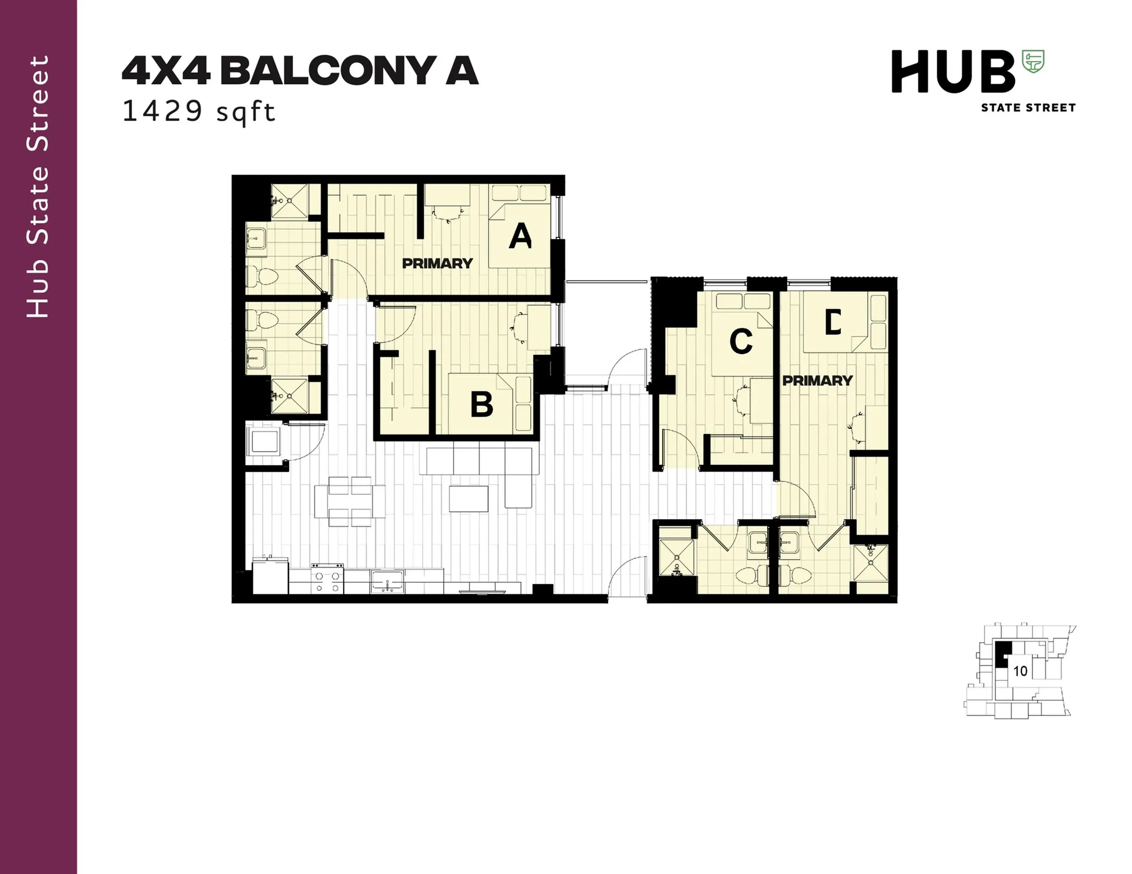 Hub State Street floor plan, 1429 sqft, featuring spacious 4 bedrooms with attached baths, a large balcony, and an open-concept living area.