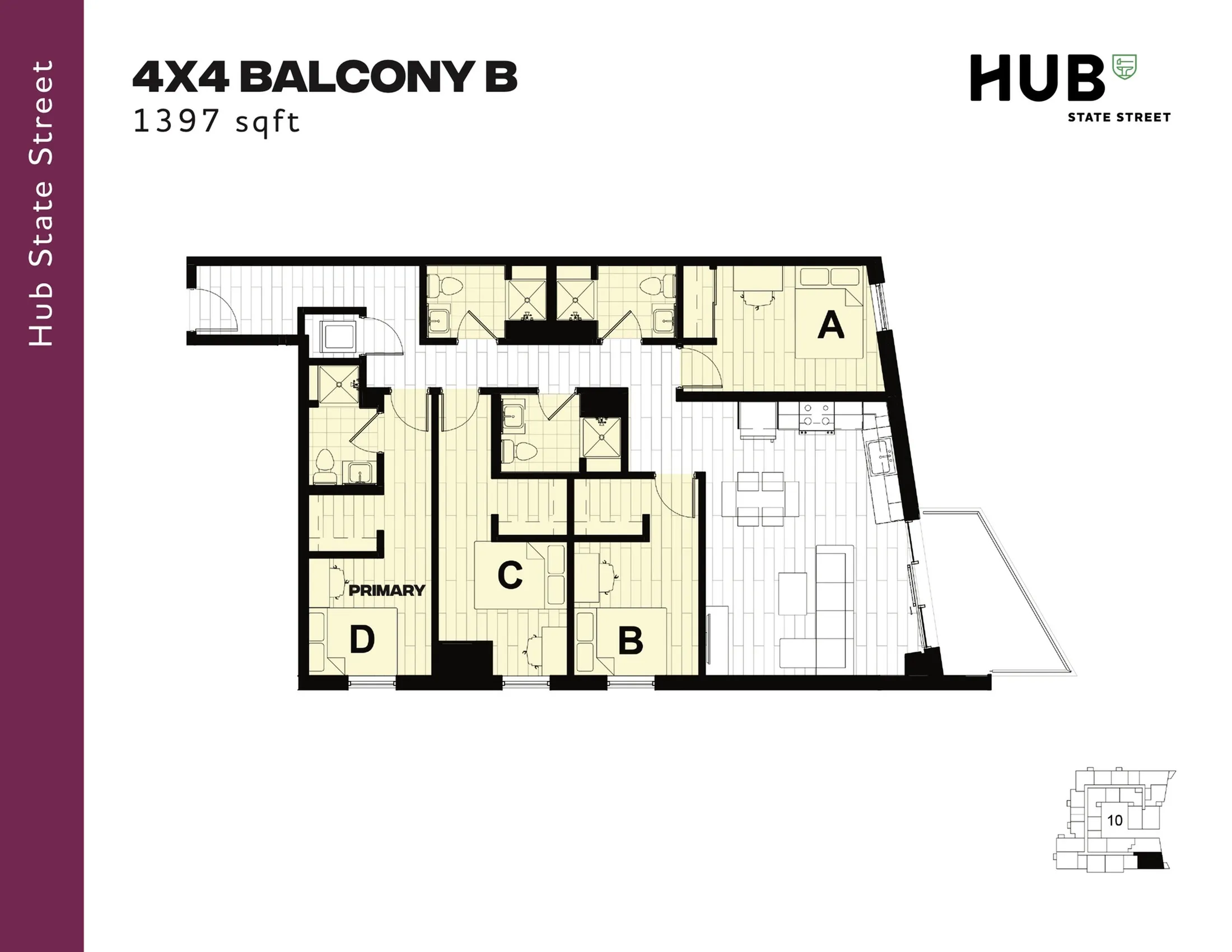 Spacious 4x4 Balcony B floor plan showcasing 4 bedrooms, large open living area, modern kitchen, and private balcony, totaling 1397 sq ft at Hub State Street.