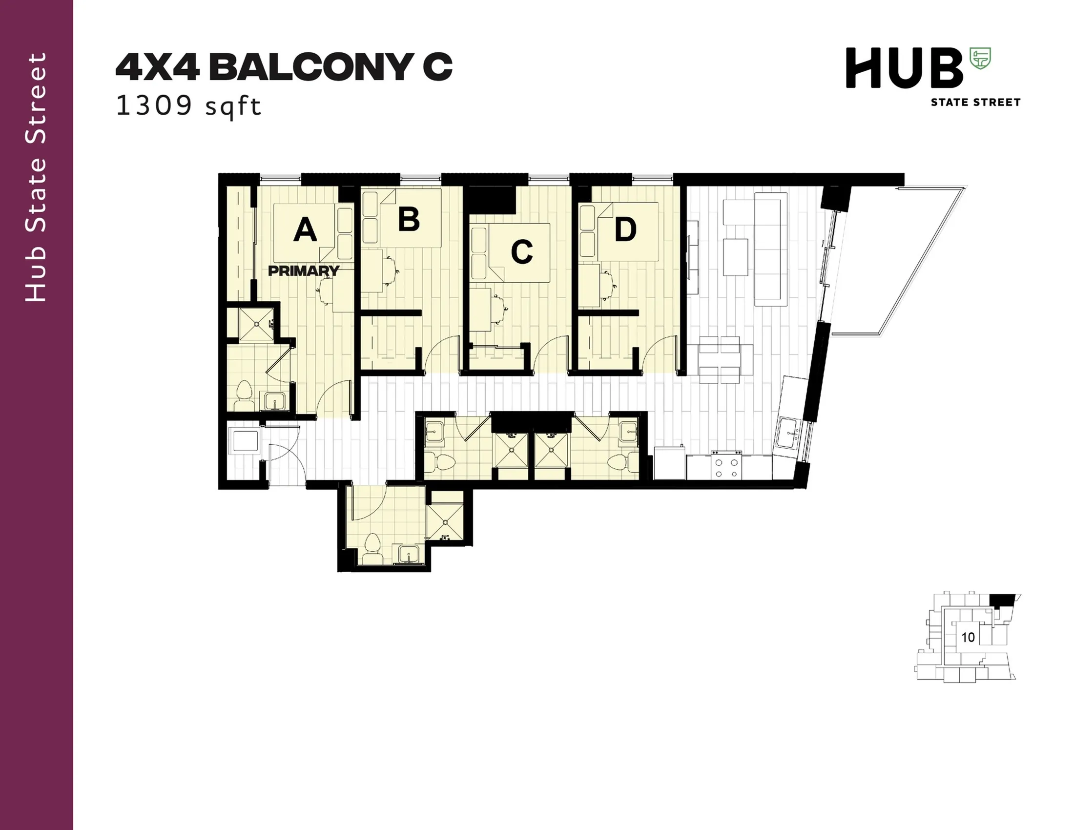 Modern 4-bedroom floor plan with spacious balcony, open living area, and sleek kitchen, totaling 1309 sq ft at Hub State Street.
