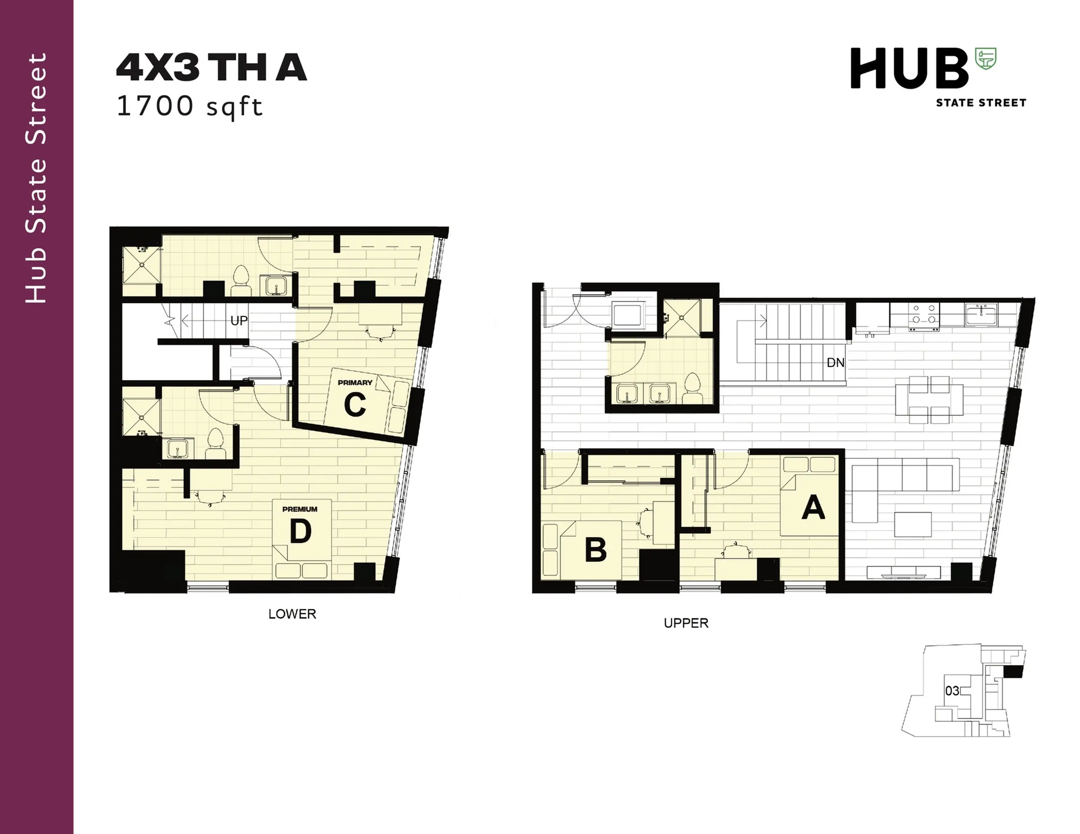 Hub State Street modern 4-bedroom townhouse floor plan with spacious 1700 sq ft layout, featuring an open living area, kitchen, and premium bedroom suites.