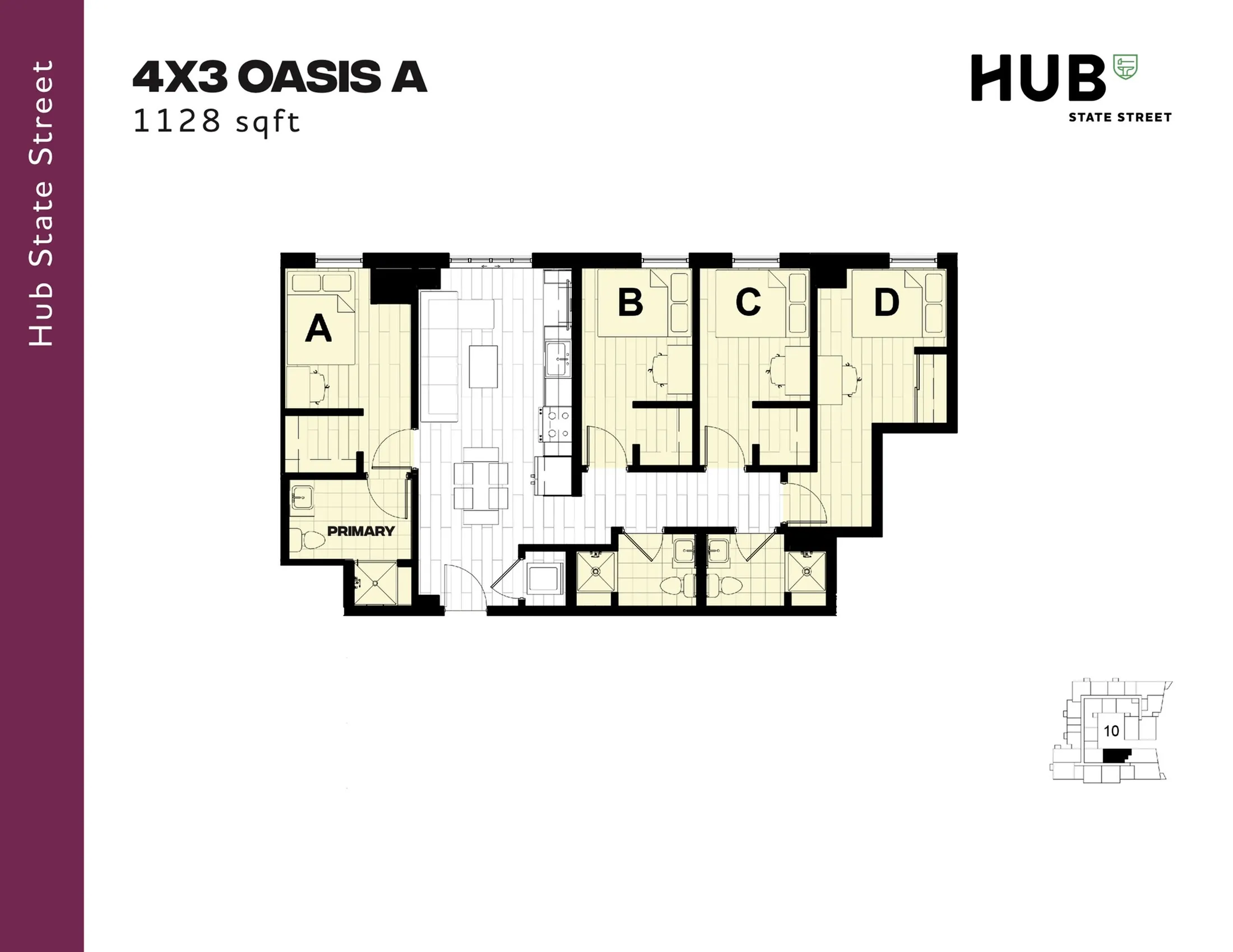 4X3 Oasis A floor plan featuring four bedrooms, a modern kitchen, and cozy living spaces, spanning 1128 sqft at Hub State Street.