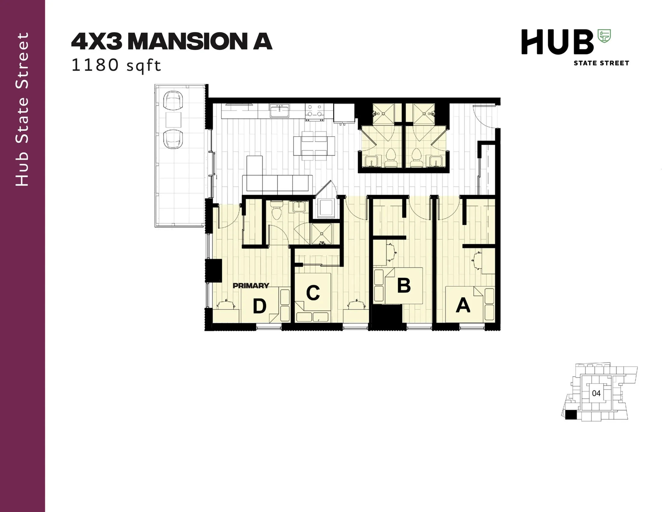 Contemporary 4-bedroom, 3-bathroom Mansion A floor plan at Hub State Street, spanning 1180 sq ft with open-plan living and dining area.