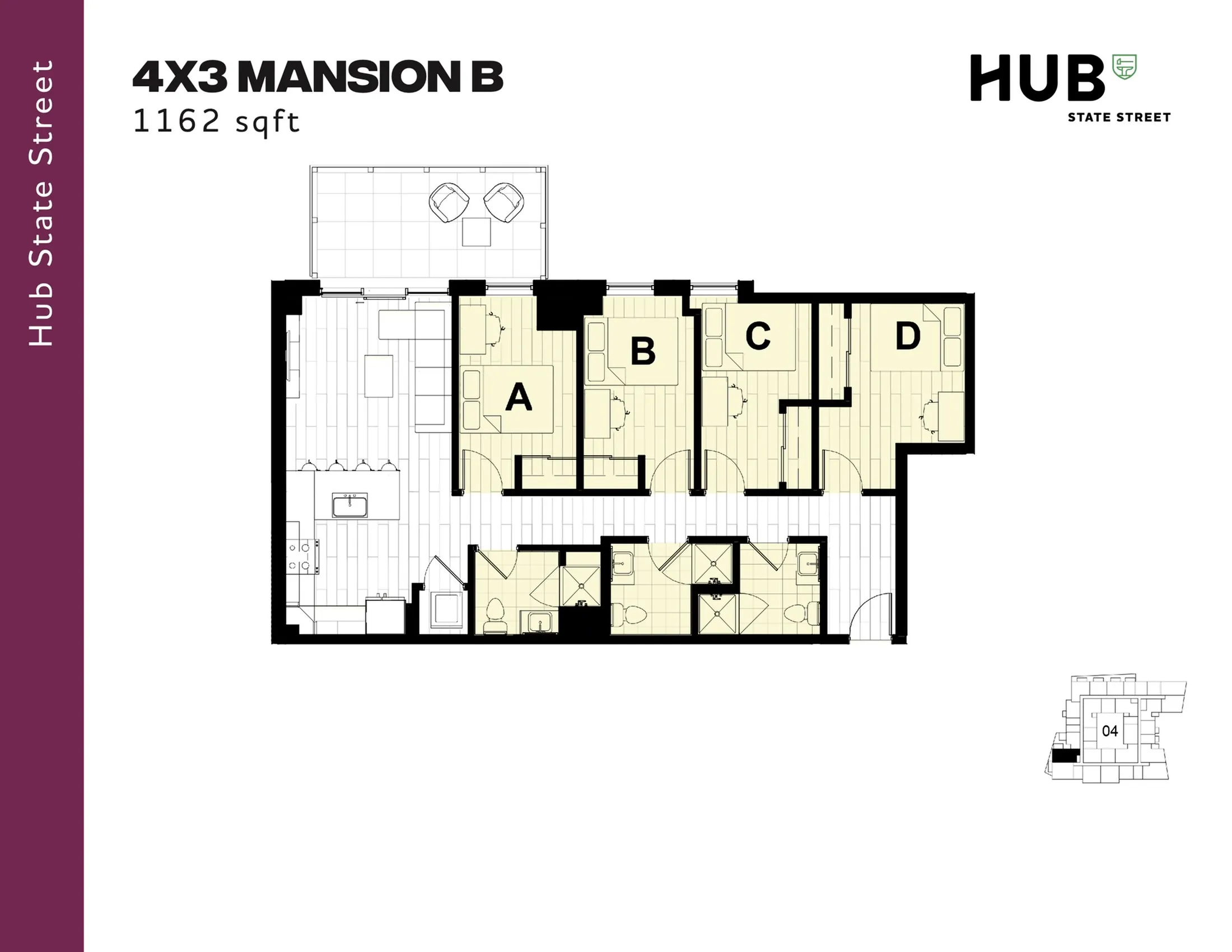 Modern 4-bedroom apartment floor plan, Hub State Street, with open living space and balcony, 1162 sq ft.