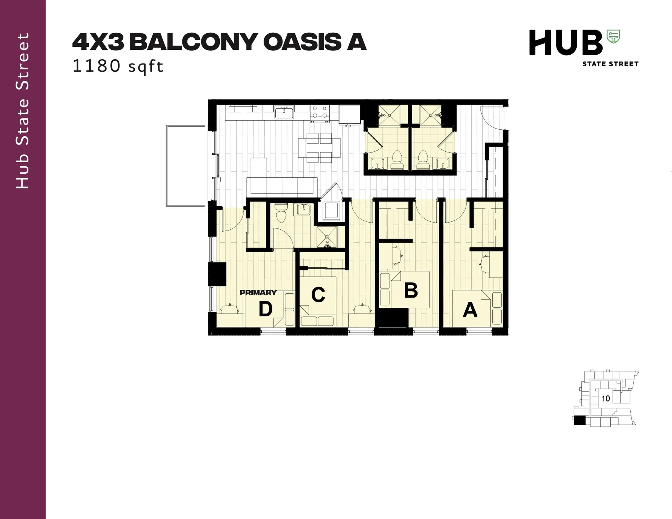 Modern floor plan for 4X3 Balcony Oasis A featuring a spacious 1180 sqft layout with 4 bedrooms, stylish kitchen, and inviting living area, set in Hub State Street.