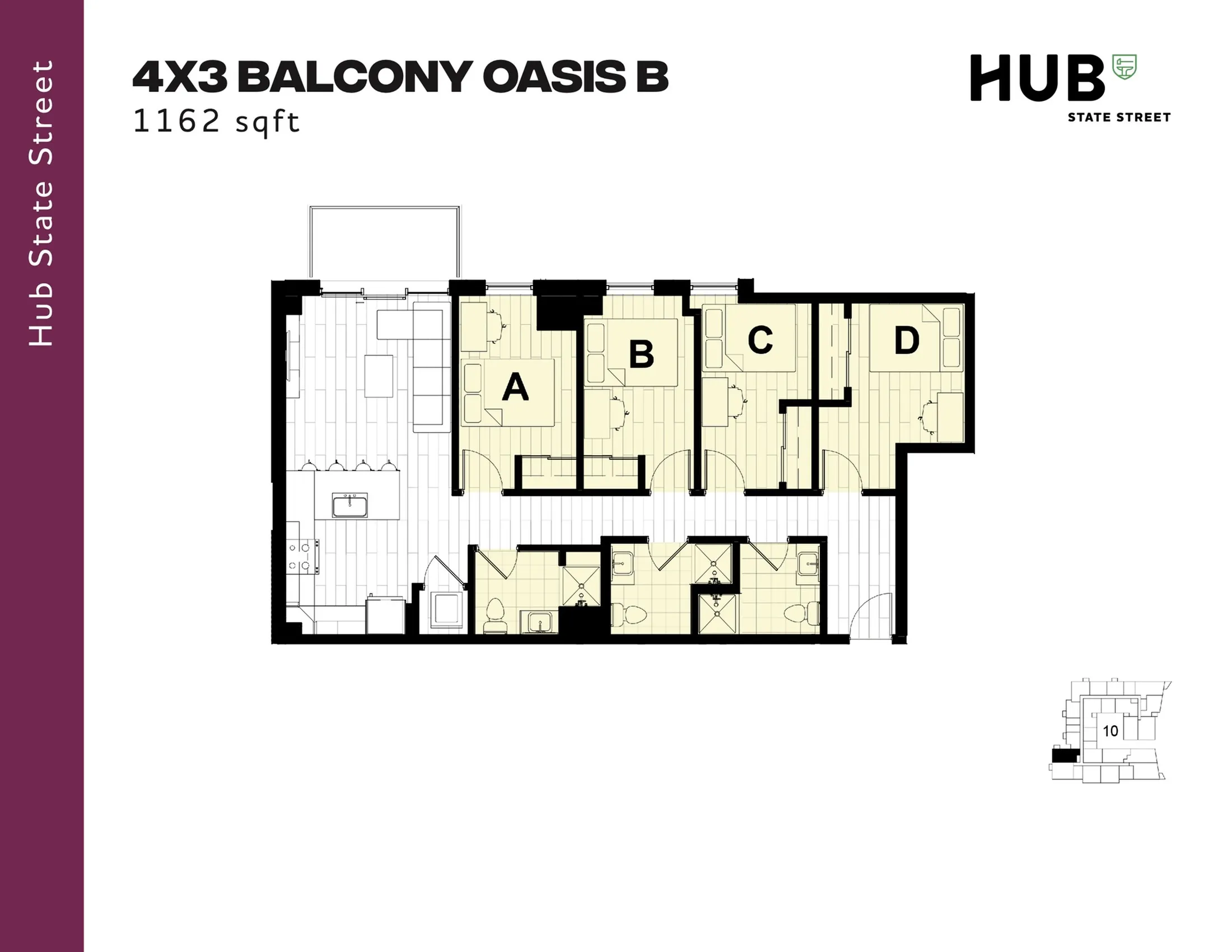 Hub State Street floor plan for 4x3 Balcony Oasis B, featuring 4 spacious bedrooms, open-plan kitchen and living area, and three modern bathrooms, totaling 1162 sq ft.