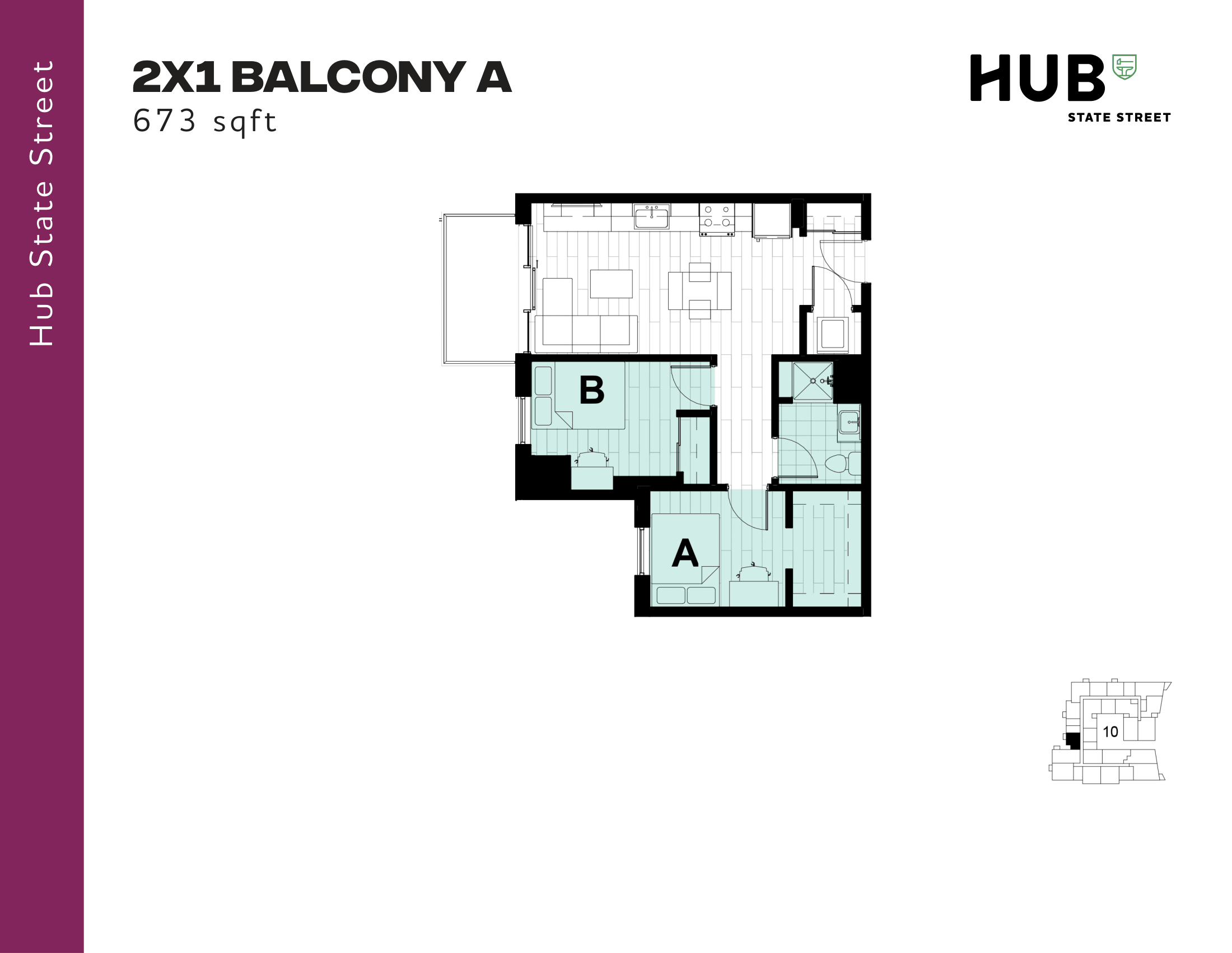 Modern 2X1 Balcony A floor plan featuring 673 sqft with two cozy bedrooms, an open kitchen, and a welcoming living space at Hub State Street.