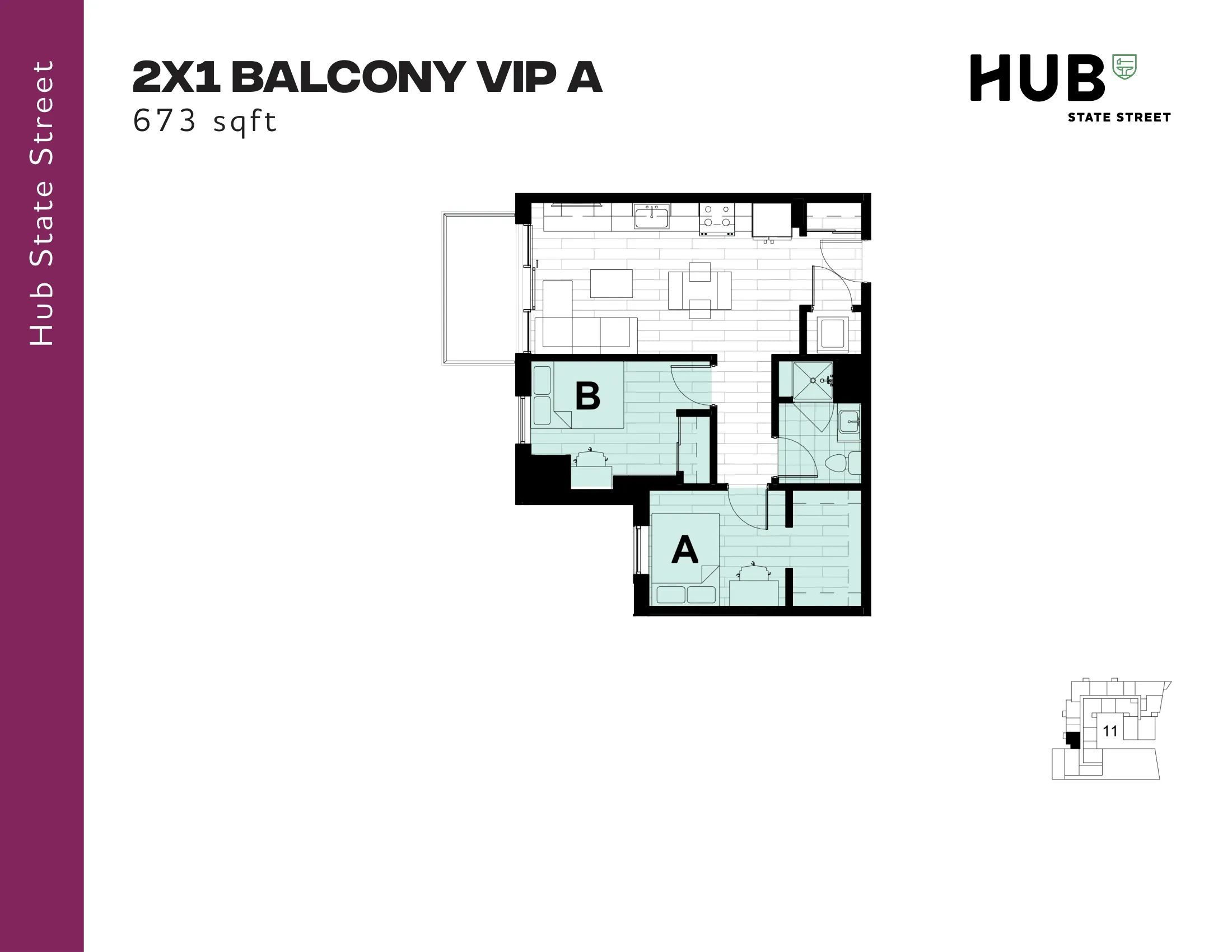 Modern floor plan of 2X1 Balcony VIP A featuring 2 spacious bedrooms, open living area, and chic kitchen in 673 sqft at Hub State Street.