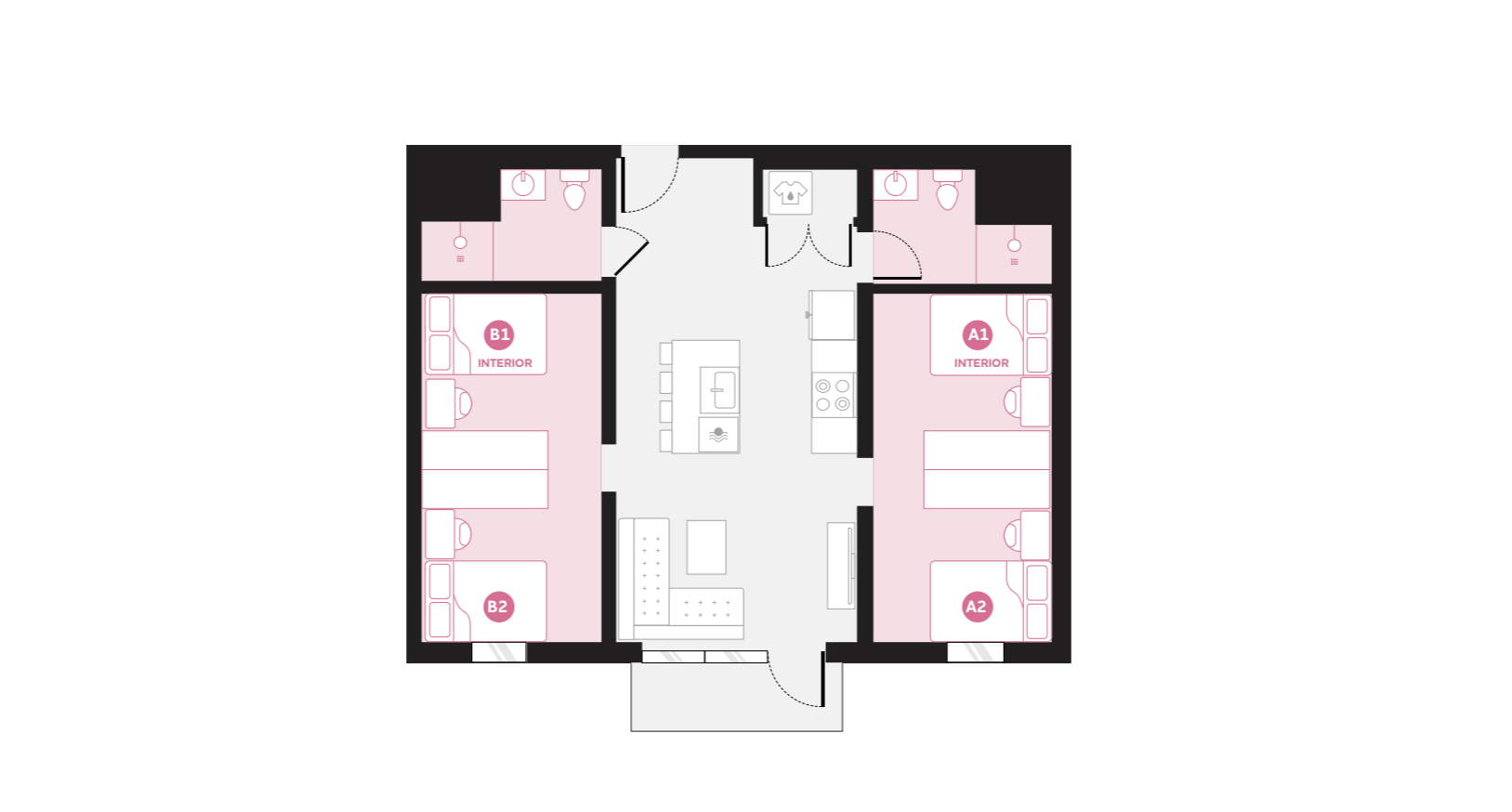 Modern floor plan showcasing a 3-bedroom layout with an open living area and central kitchen, ideal for contemporary living.