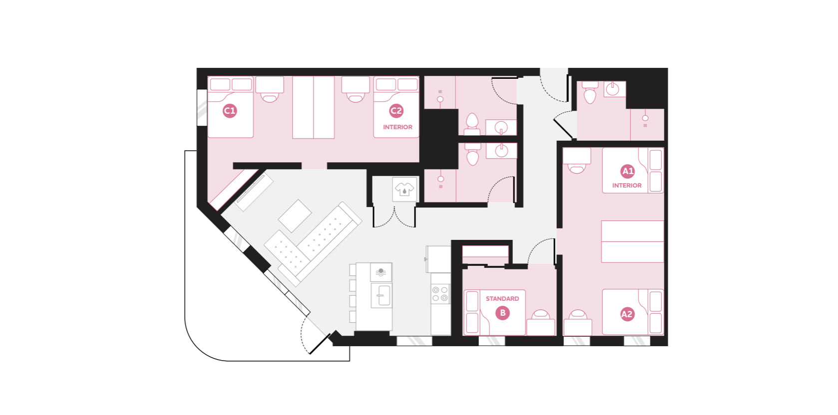 Modern apartment floor plan with three spacious bedrooms, open-concept living and kitchen area, and two stylish bathrooms.