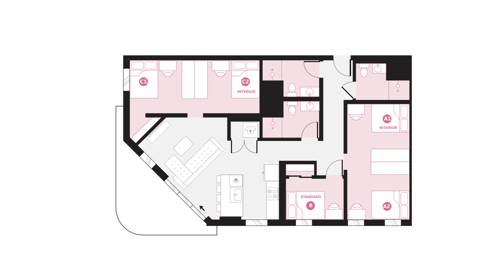 Modern apartment floor plan showcasing three spacious bedrooms, two bathrooms, and an open-concept living and kitchen area with stylish design.