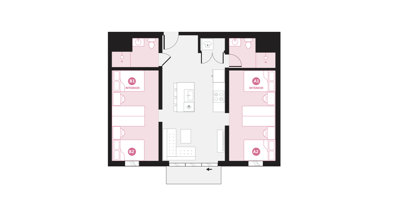 Modern 2D floor plan featuring four bedrooms, a central open-plan living area, and sleek kitchen amenities.