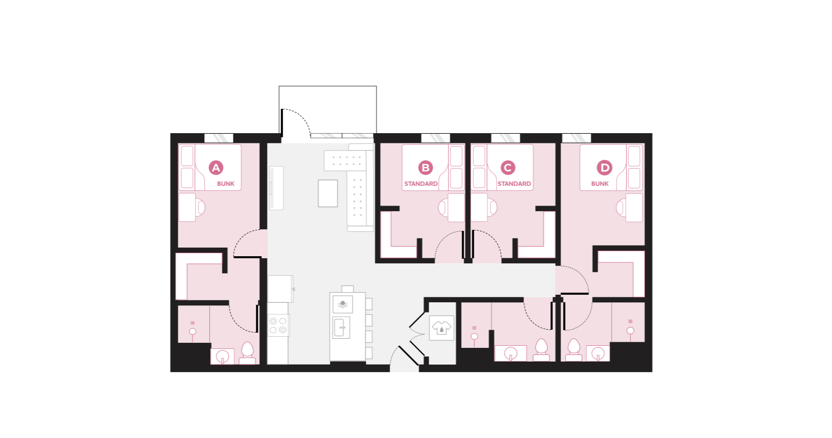 Contemporary 2D floor plan showcasing four bedrooms, including two bunk and two standard rooms, with a central open living area and modern kitchen.