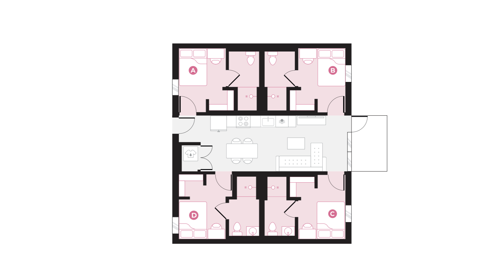 Modern floor plan showcasing 4 bedrooms, each with en-suite bathrooms, open-concept kitchen, and cozy living area.