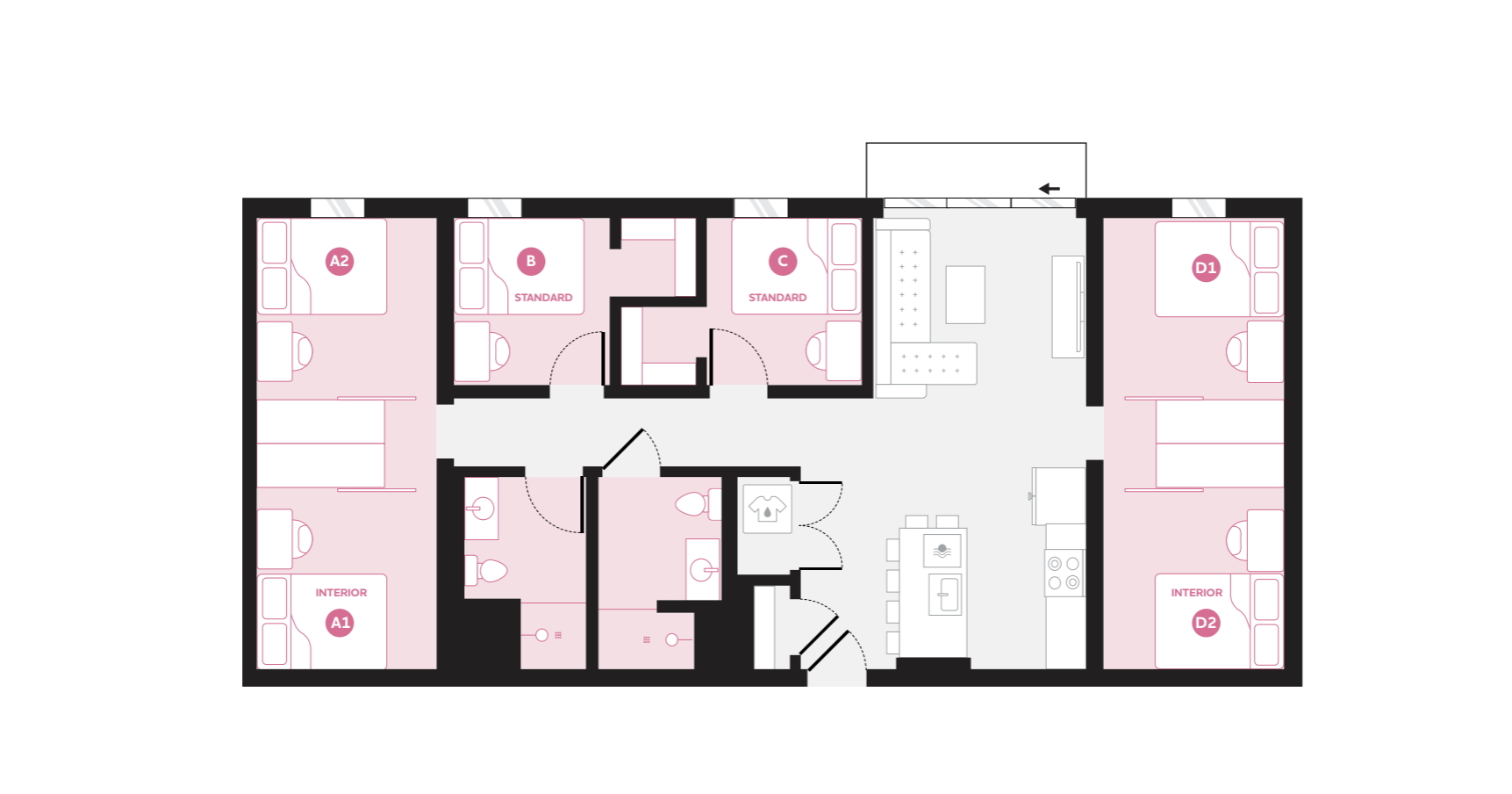 Inviting apartment floor plan showcasing 6 bedrooms, communal living area, and well-equipped kitchen, ideal for shared living.