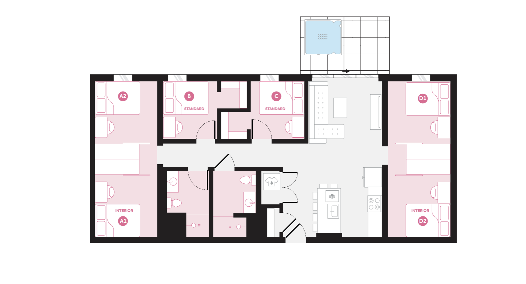 Modern floor plan showcasing four spacious bedrooms, an open living area, and a stylish kitchen, complete with a cozy terrace.